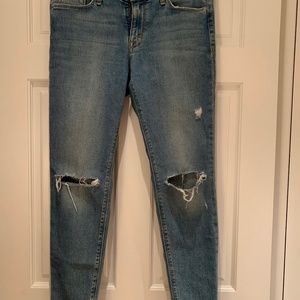 Hudson jeans.  Krista, ankle, skinny.  Distressed, rip knee.
